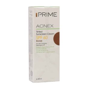 خرید کرم ضد آفتاب رنگی فاقد چربی پریم SPF60 مدل acnex با ویژگی ضد جوش و در سه رنگ متنوع بژ روش، بژ طبیعی و برنز در داروخانه آنلاین مثبت سبز